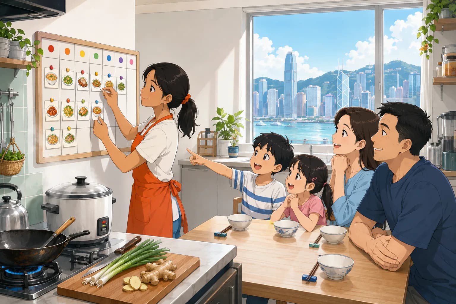 A family's Filipino helper plans the week's meals on a kitchen menu board while the parents and two children wait happily at the table for dinner, with the Hong Kong skyline through the window.