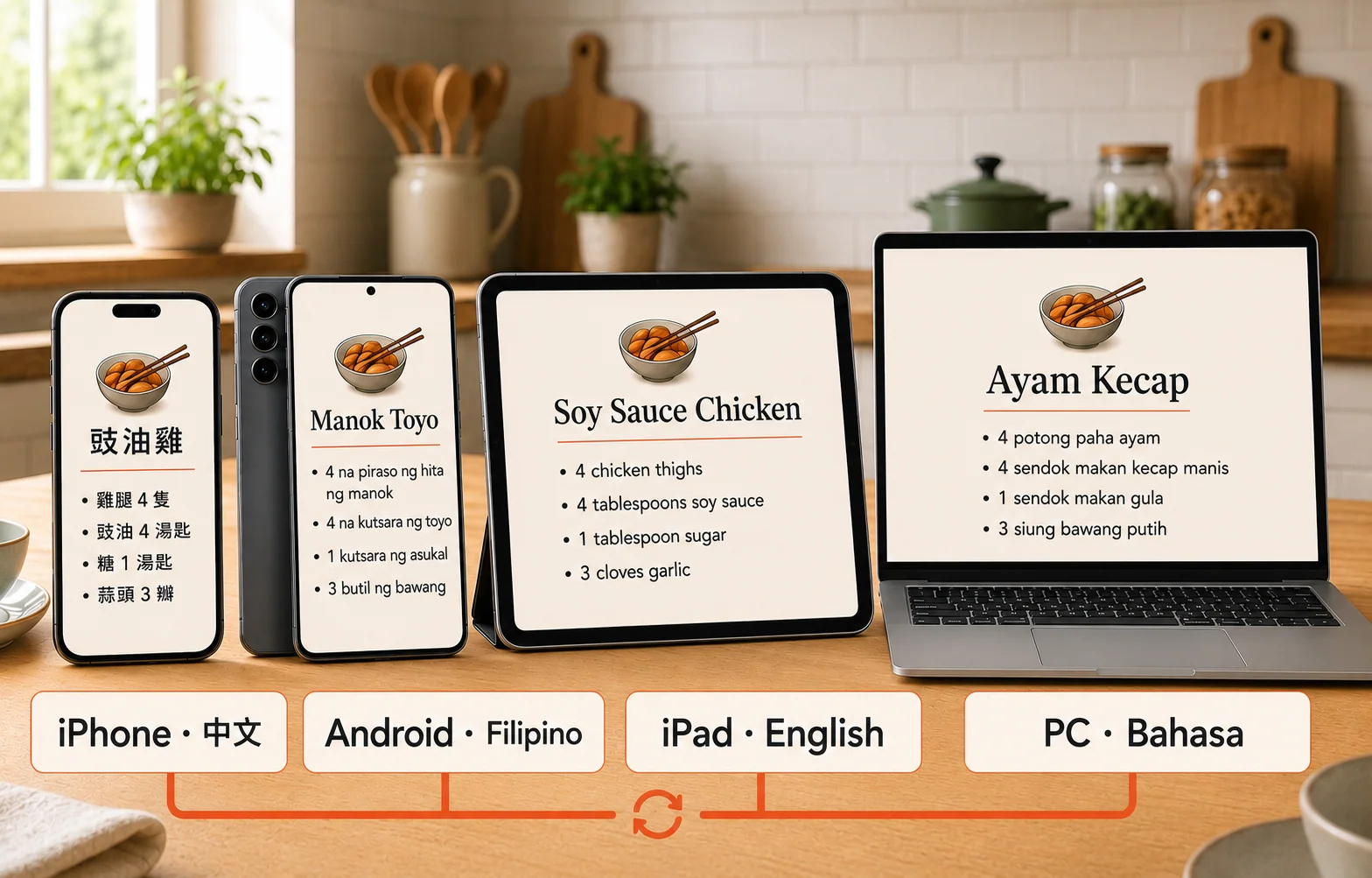 A phone, tablet, laptop and Android tablet shown side-by-side, all displaying the same Hong Kong recipe in different languages.